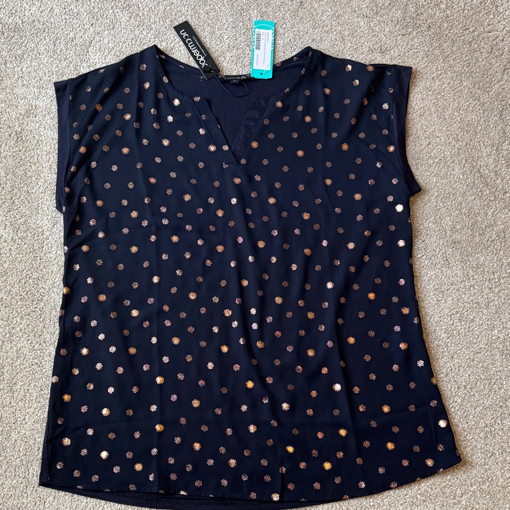 PaperMoon Mixed Material Foil Print Blouse Navy Rose Gold Polka Dot Women Medium